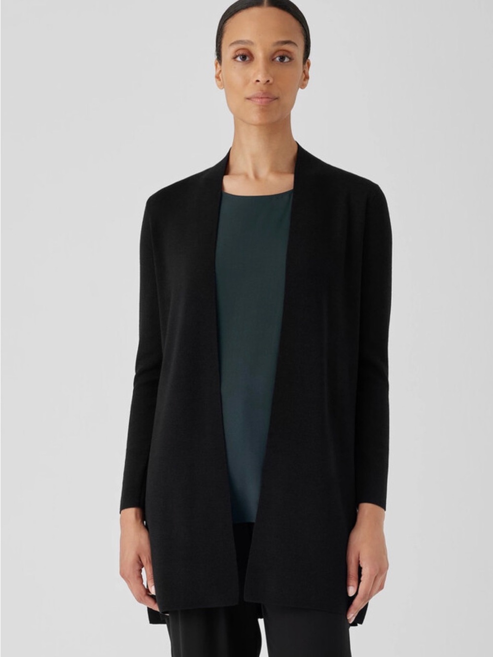 Eileen Fisher Fine 100% Merino Wool Black Open-Front Long Cardigan NEW XS